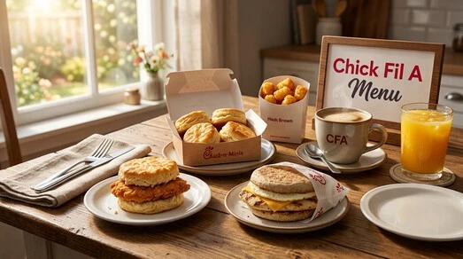 Chick Fil a Menu with nuggets, fries and dipping sauce