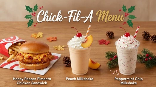 Chick Fil a Menu with breakfast sandwich and hash browns