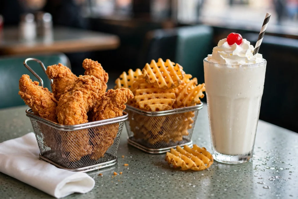 Waffle fries and chicken nuggets with dipping sauces