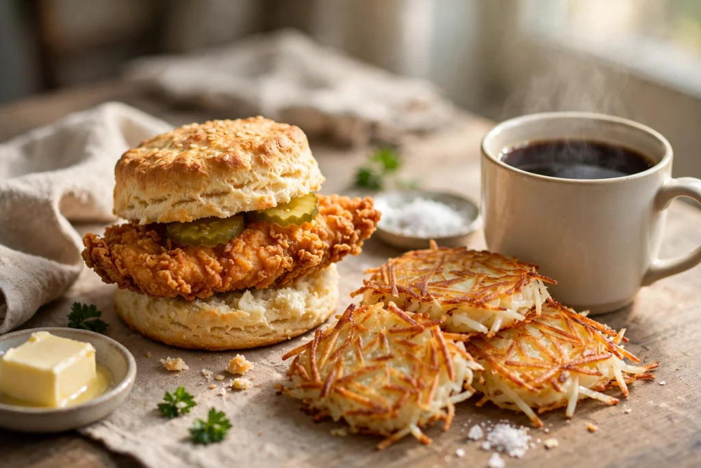 Chick-fil-A Breakfast Hours breakfast spread with biscuit sandwich