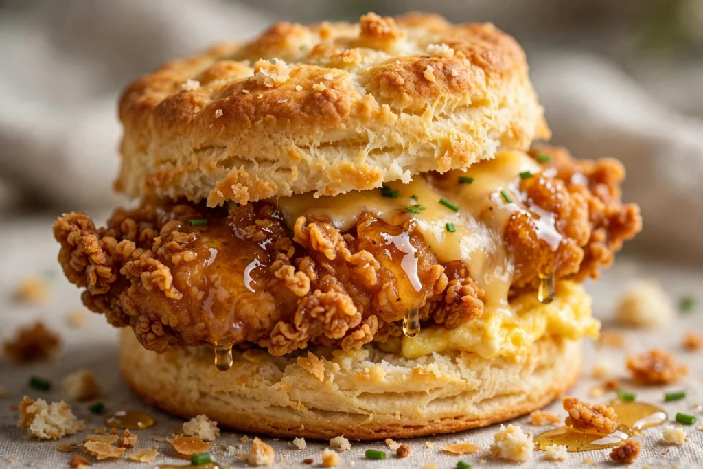 Crispy chicken biscuit sandwich close-up