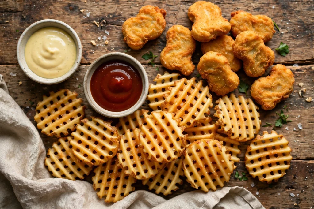 Waffle fries and chicken nuggets with dipping sauces