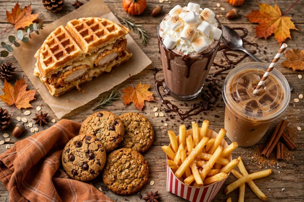 Chicken and waffles sandwich with s'mores milkshake