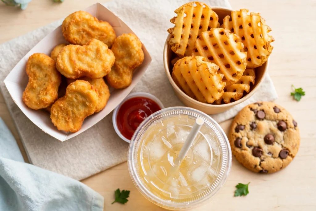 Waffle fries and chicken nuggets with dipping sauces