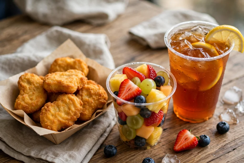 Waffle fries and chicken nuggets with dipping sauces