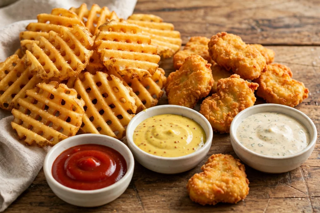 Waffle fries and chicken nuggets with dipping sauces
