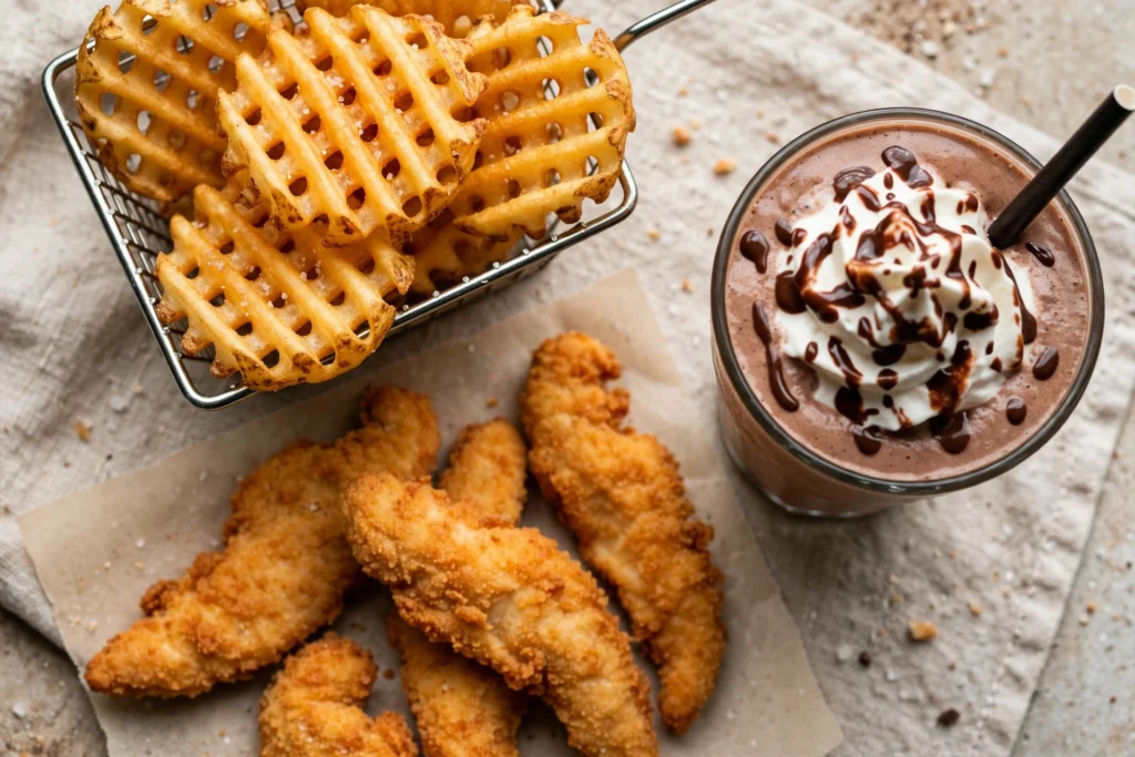 Waffle fries and chicken nuggets with dipping sauces