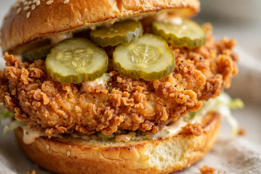 Crispy chicken sandwich with pickles close-up